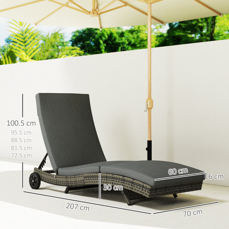 Dark Grey Rattan Sun Lounger With Adjustable Backrest and Wheels by Outsunny