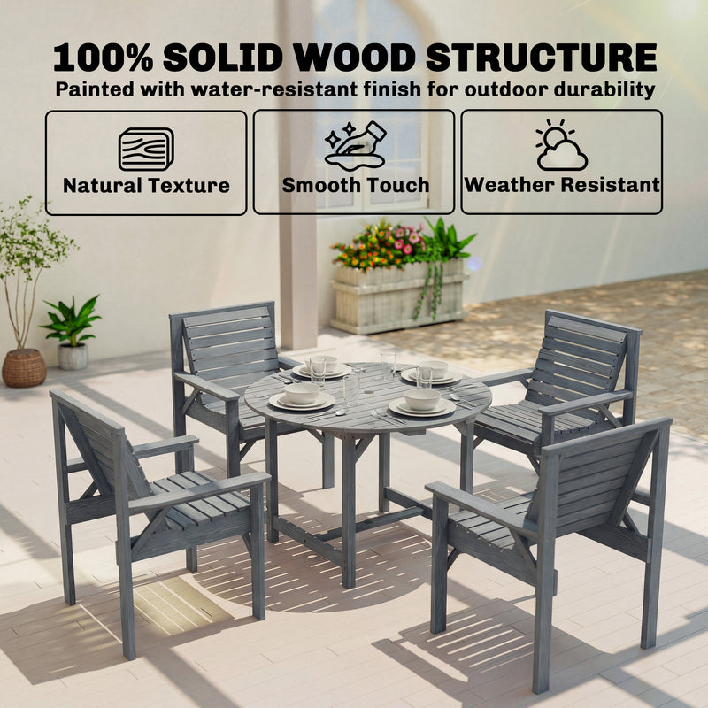 Wooden Garden Dining Set for 4 with Round Table and Umbrella Hole Grey Fir Wood Outsunny