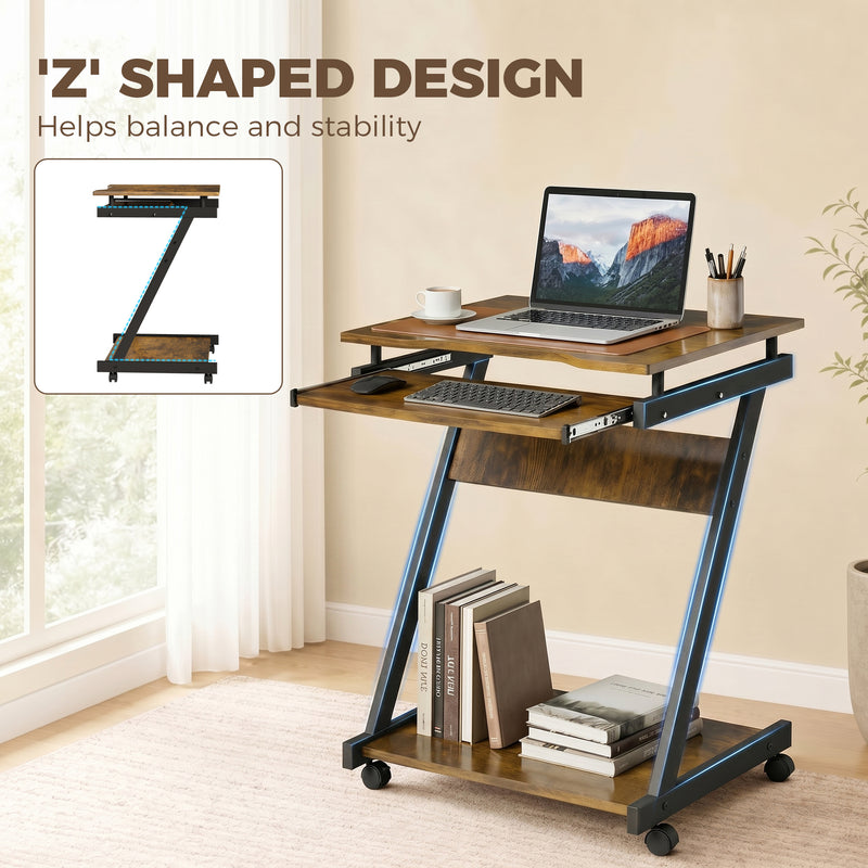 Compact Rolling Desk with Keyboard Tray and Storage Shelf for Small Spaces Rustic Brown