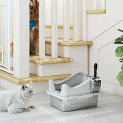 Stainless Steel Cat Litter Box With High Sides and Scoop For Easy Cleaning, Silver