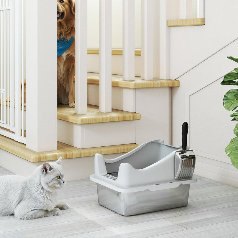 Stainless Steel Cat Litter Box With High Sides and Scoop For Easy Cleaning, Silver