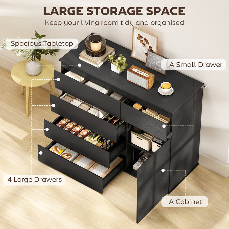 Sideboard with Five Drawers and Cabinet for Organised Home Storage Black AOSOM
