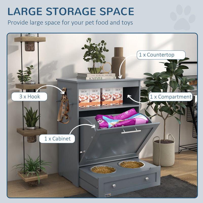 Pet Feeding Station With Raised Bowls Storage Cabinet And Hook For Dogs And Cats, Grey
