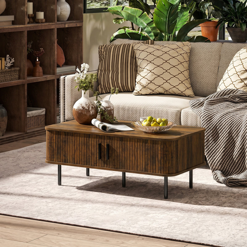 Coffee Table With Sliding Doors for Easy Living Room Storage Rustic Brown Black