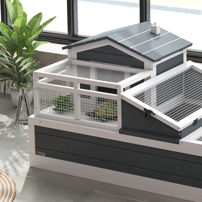 Grey Wooden Tortoise House 3 Room 2 Storey with Ladder and Openable Roof by PawHut