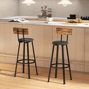 Set of 2 Industrial Bar Stools with Backrests and Footrests for Kitchen Island Rustic Brown and Black