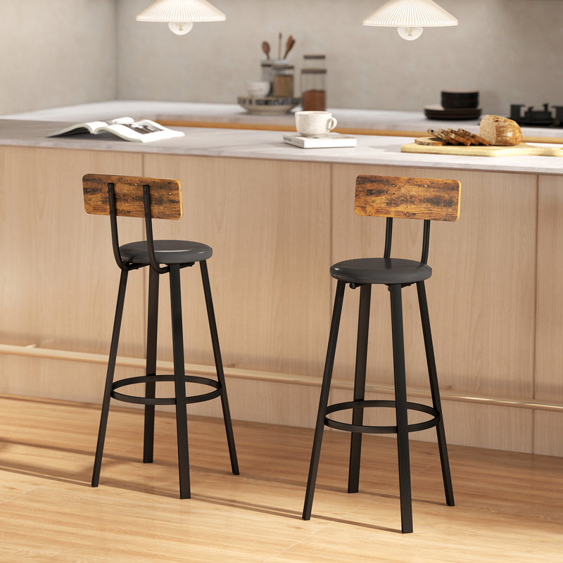 Set of 2 Industrial Bar Stools with Backrests and Footrests for Kitchen Island Rustic Brown and Black