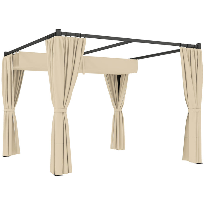 Khaki 3 x 3m Retractable Pergola with Curtains Garden Gazebo Shelter for Patio and Deck by Outsunny