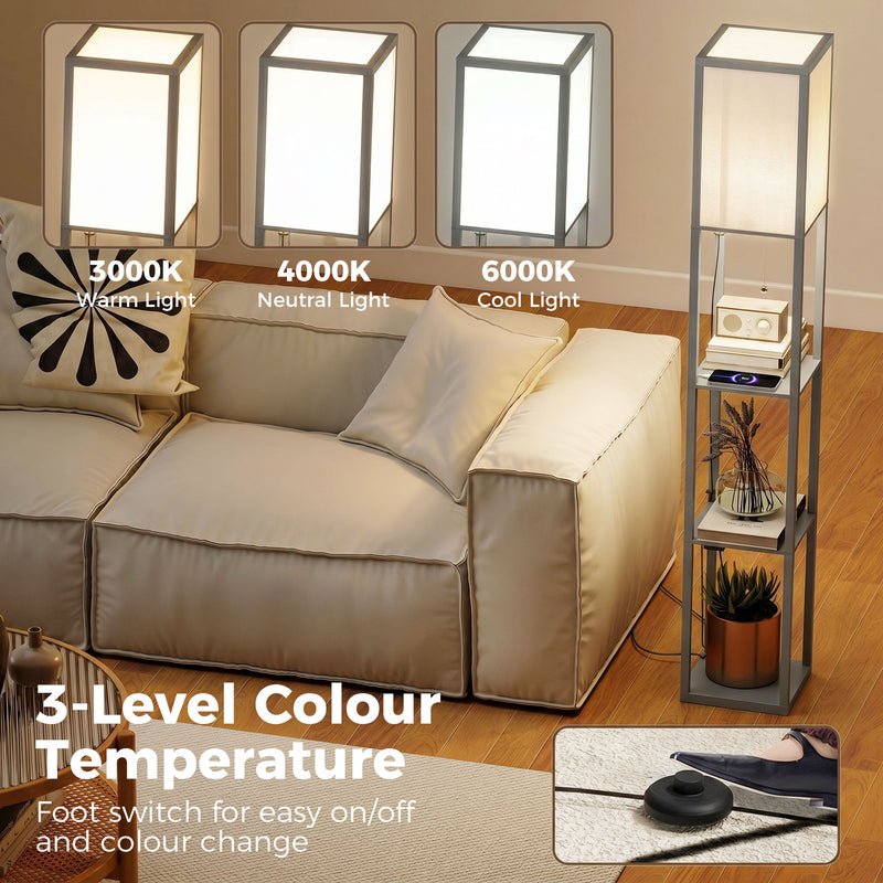 Floor Lamp with Shelves for Extra Storage and Soft Lighting in Small Living Rooms Grey White Homcom