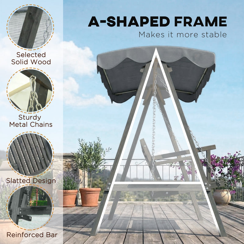 Grey Wooden Garden Swing Chair for 3 Adults with Canopy for Shade and Comfort Outsunny