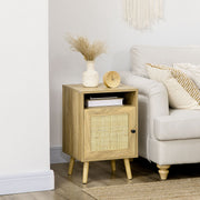Rattan Bedside Table with Shelf and Cupboard for Bedroom Storage Natural