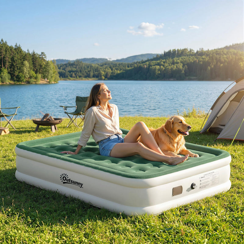 Double Air Bed with Built In Pump for Fast Comfortable Camping or Guest Use Dark Green