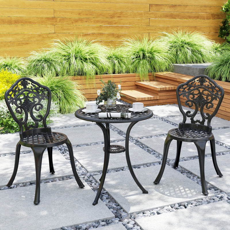 Black Three Piece Aluminium Floral Bistro Set for Garden or Patio by Outsunny