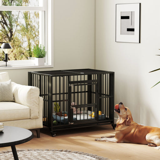 Heavy Duty Foldable Dog Crate With Wheels Open Top and Tray for Large Dogs, Black