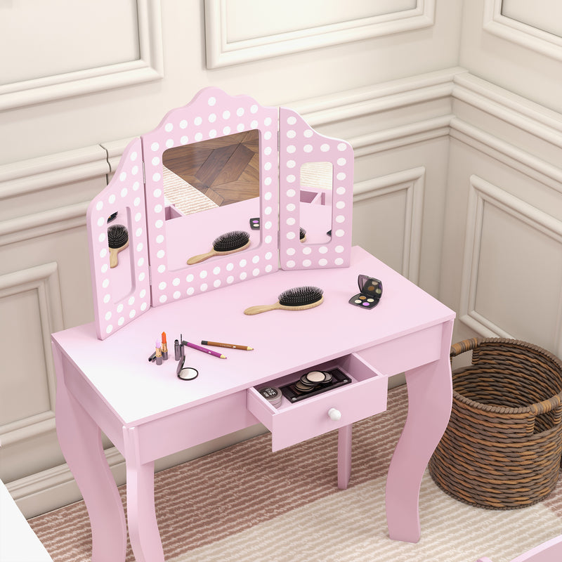 Kids Dressing Table Set with Stool Mirror and Drawer for Bedroom Playroom Use, Pink