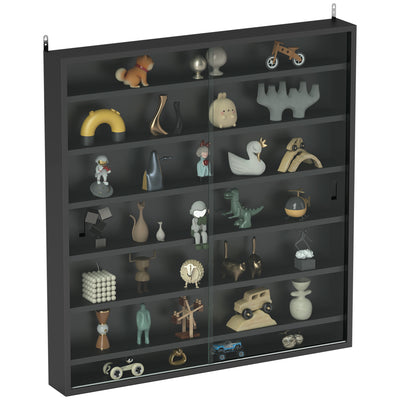 Black 7 Tier Wall Display Cabinet with Glass Doors and Adjustable Shelves by HOMCOM