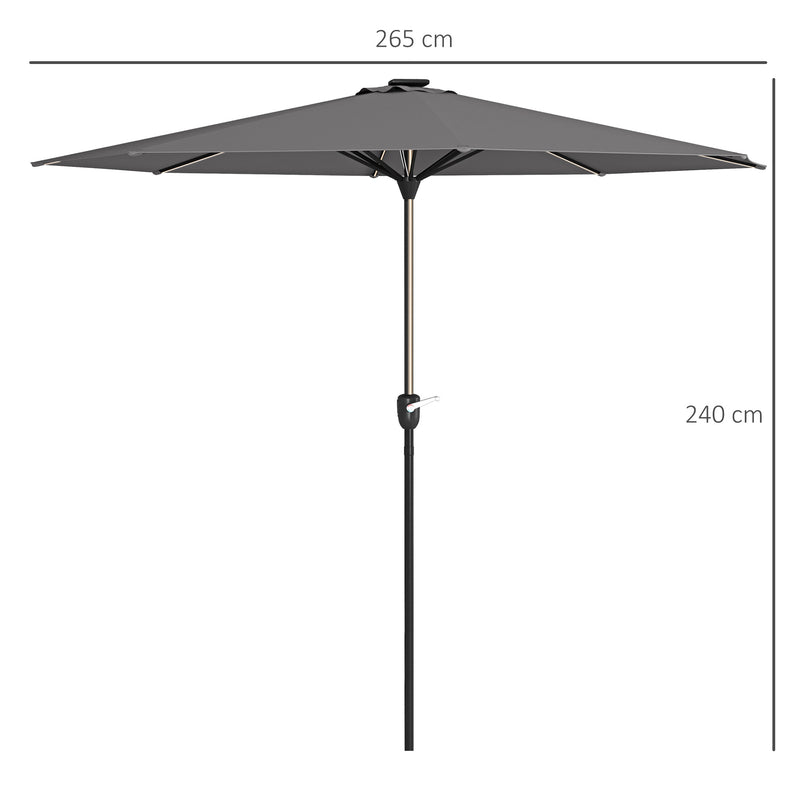 Dark Grey 2.65m Garden Parasol With LED Lights For Shaded Outdoor Evenings