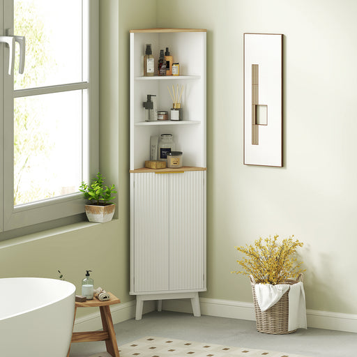 White Tall Slim Corner Bathroom Storage Cabinet with Adjustable Shelves and Doors