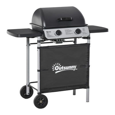 2 Burner Gas BBQ Trolley with Lid 5.6 kW Grill Wheels and Side Shelves Grey by Outsunny