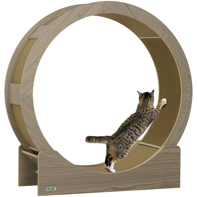 Walnut Brown Cat Exercise Wheel with Brake and Scratching Pads by PawHut