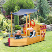 Wooden Pirate Ship Sandpit for Kids with Canopy Storage Bench and Liner Outdoor Play Brown