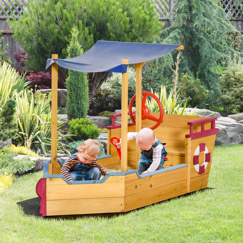 Wooden Pirate Ship Sandpit for Kids with Canopy Storage Bench and Liner Outdoor Play Brown