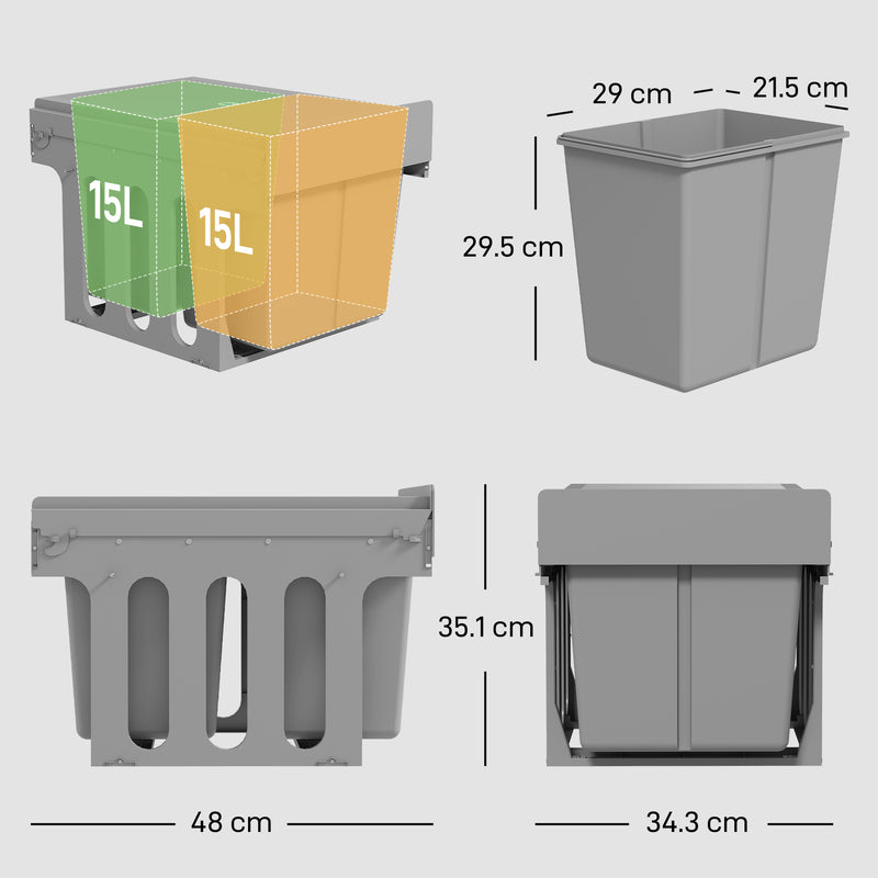 Pull Out Under Sink Bin With 2 Removable 15L Compartments For 400mm Cabinets Light Grey