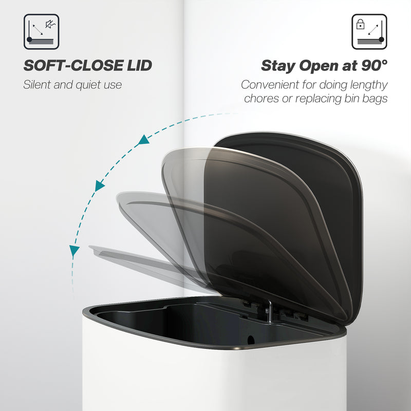 50L White Pedal Kitchen Bin with Soft Close Lid and Removable Inner Bucket for Home or Office