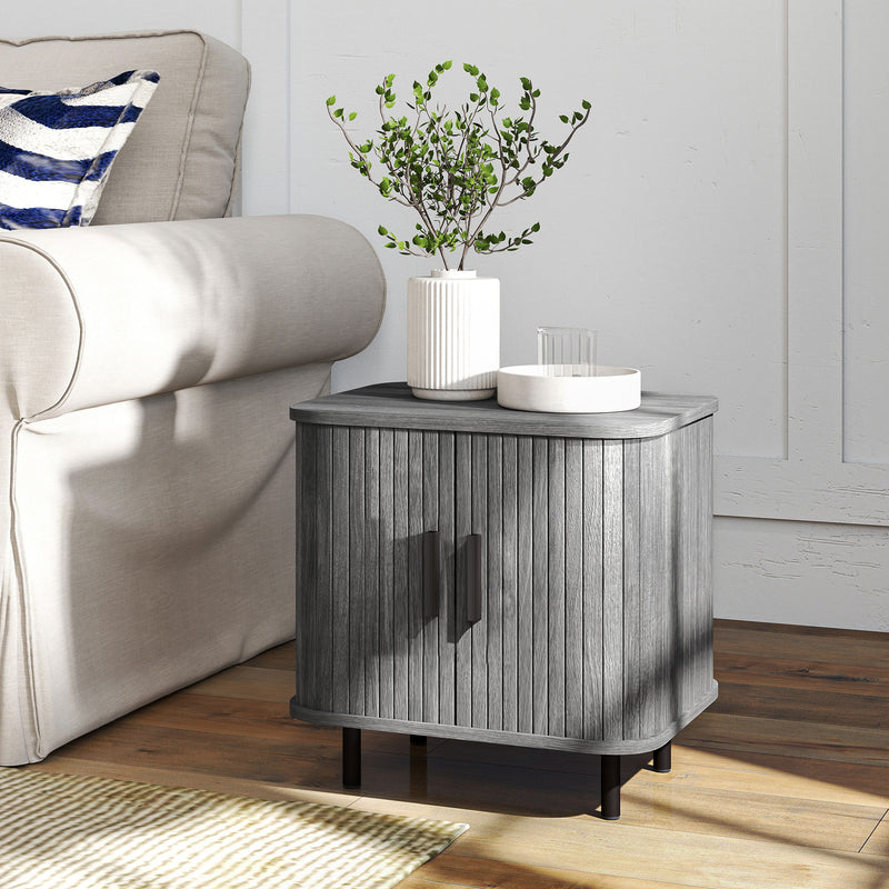Nordic Bedside Table with Sliding Roller Doors and Metal Legs for Bedroom Grey
