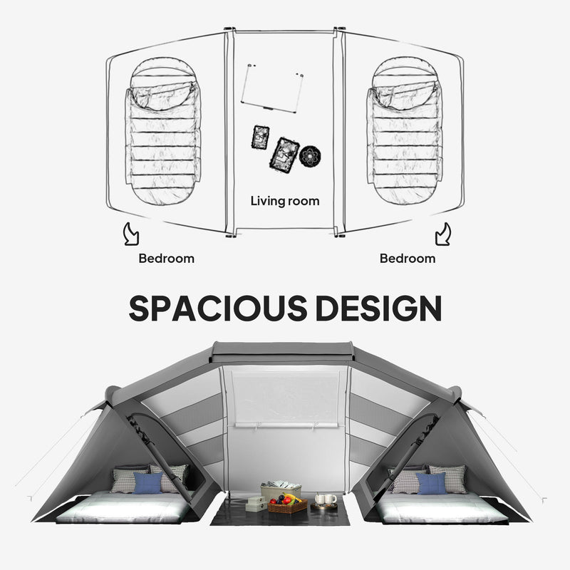 Tunnel Tent with Two Bedrooms and Living Area for 4 to 6 People Charcoal Grey White