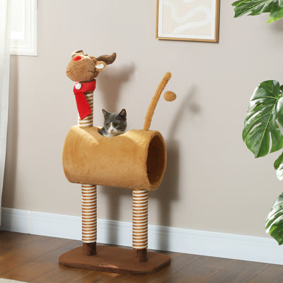 Brown 98cm Deer Designed Cat Tree with Scratching Posts Toy Ball and Tunnel by PawHut
