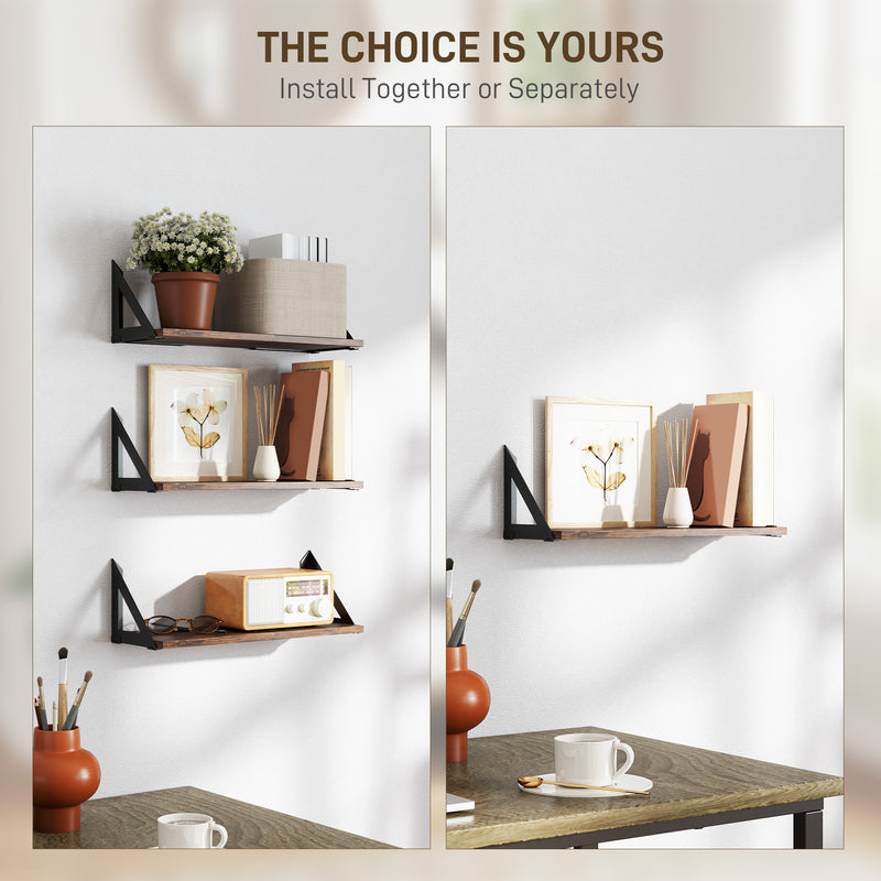 Set of 3 Rustic Brown Floating Wall Shelves for Living Room Bedroom Entryway by HOMCOM
