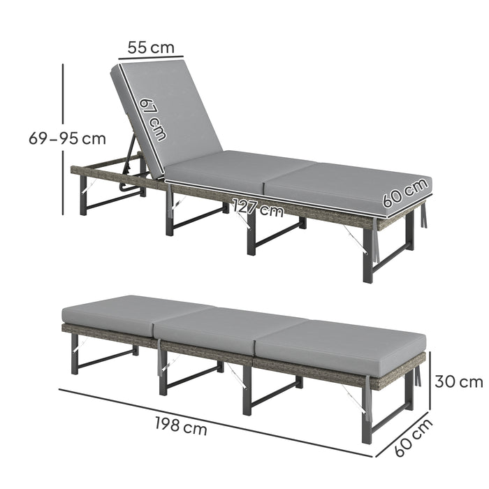 Grey Rattan Folding Sun Lounger with Cushion Single Recliner by Outsunny