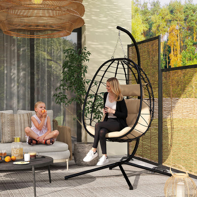 Hanging Egg Chair with Stand Thick Cushion and Headrest for Garden Patio Balcony Khaki by Outsunny