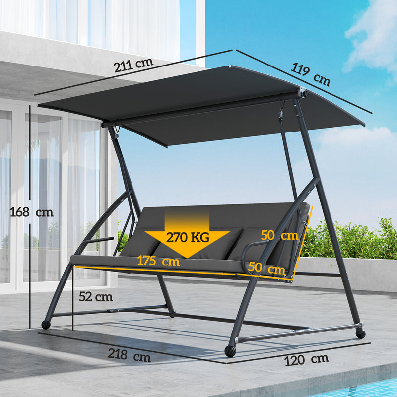 Patio Swing - 3 Seater Garden Swing Chair Lounger With Tilt Canopy And Cushions For Relaxing, Dark Grey