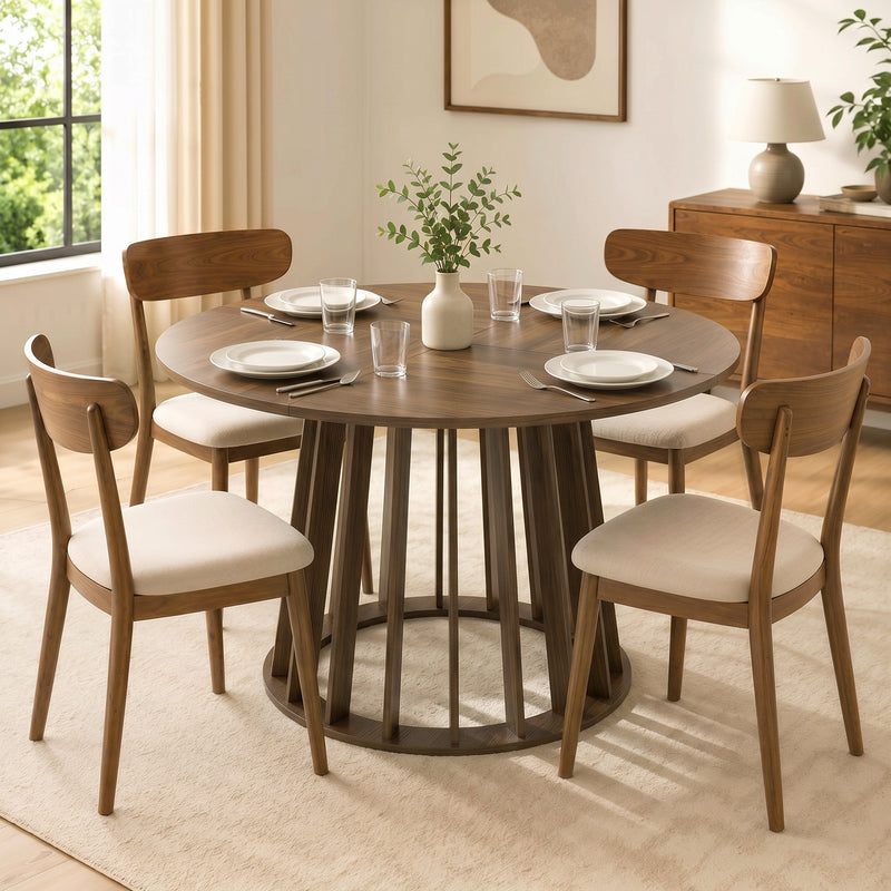 Round Dining Table for Easy Family Meals Wipe Clean Surface Seats 4 to 6 Light Walnut