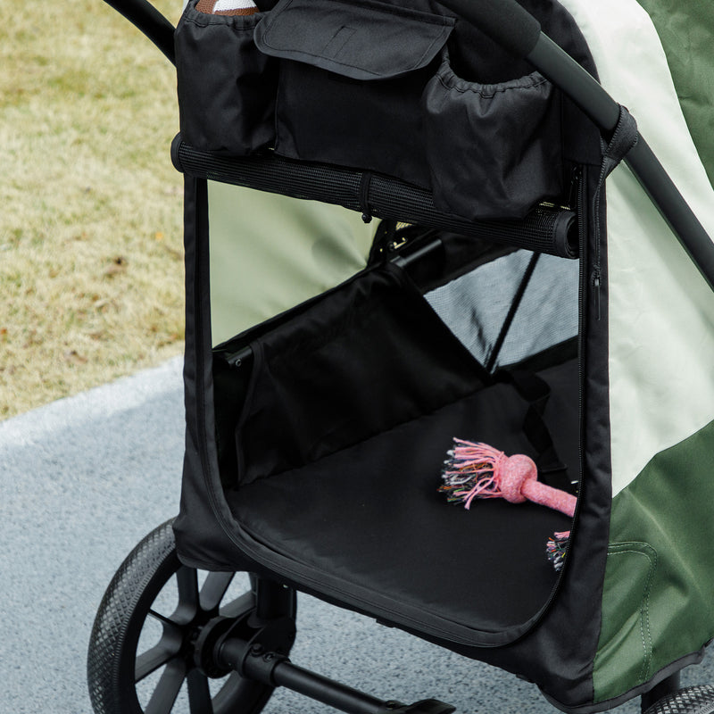 Dark Green Folding Pet Stroller for Large Dogs with Shock Absorb Frame and Safety Leashes by PawHut AOSOM