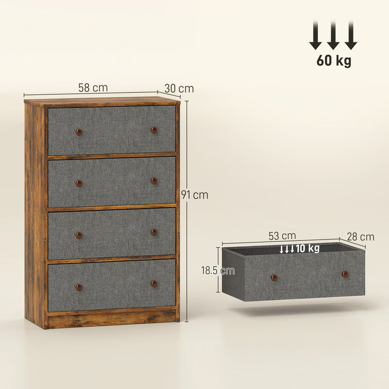 4 Drawer Fabric Chest of Drawers with Wood Top for Bedroom Storage Grey and Rustic Brown