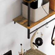 Rustic Brown Wall Mounted Floating Shelf With 4 Hooks for Living Room or Hallway by HOMCOM