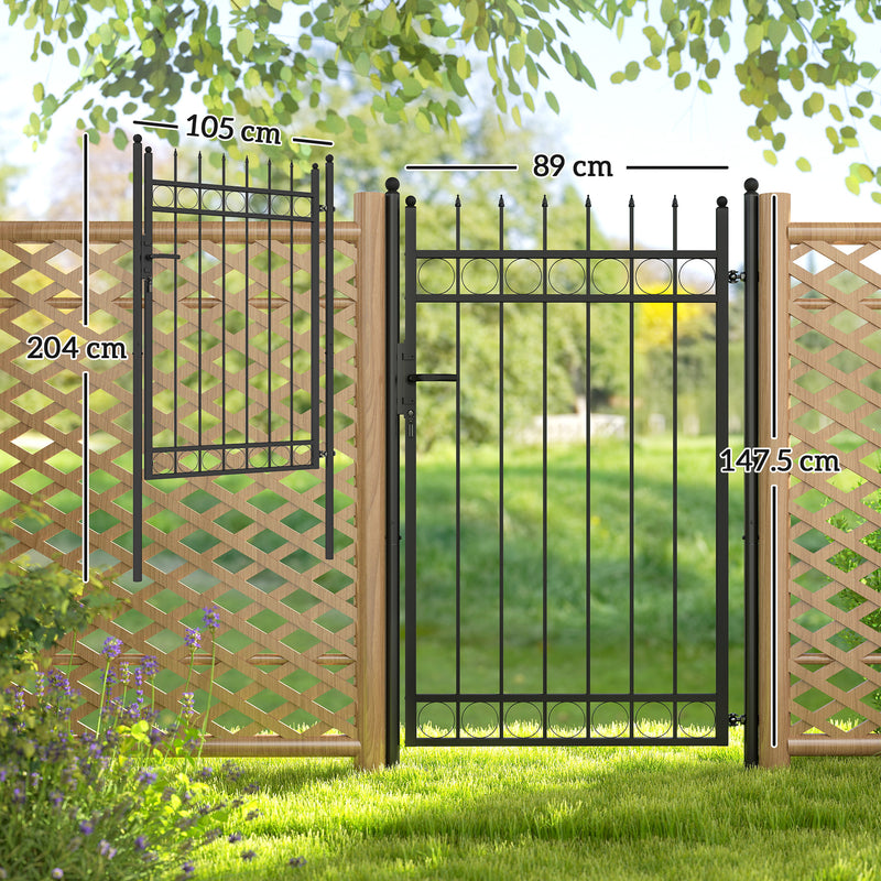 Black Galvanised Steel Garden Gate with Lock and Classic Finials 105 x 204 cm
