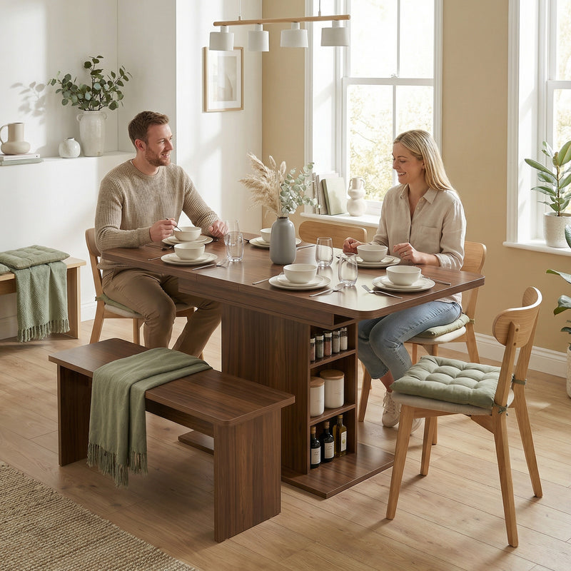 Extending Dining Table with Storage Shelves for Space Saving and Extra Seating Walnut Brown