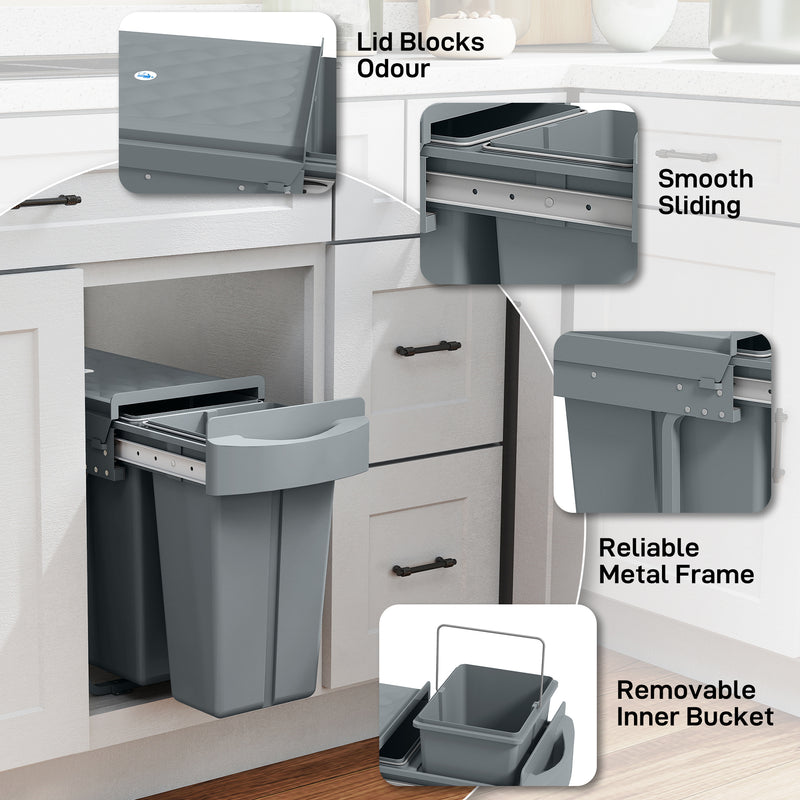 Pull Out Kitchen Bin with Dual Compartments for Hidden Waste and Recycling Grey Homcom