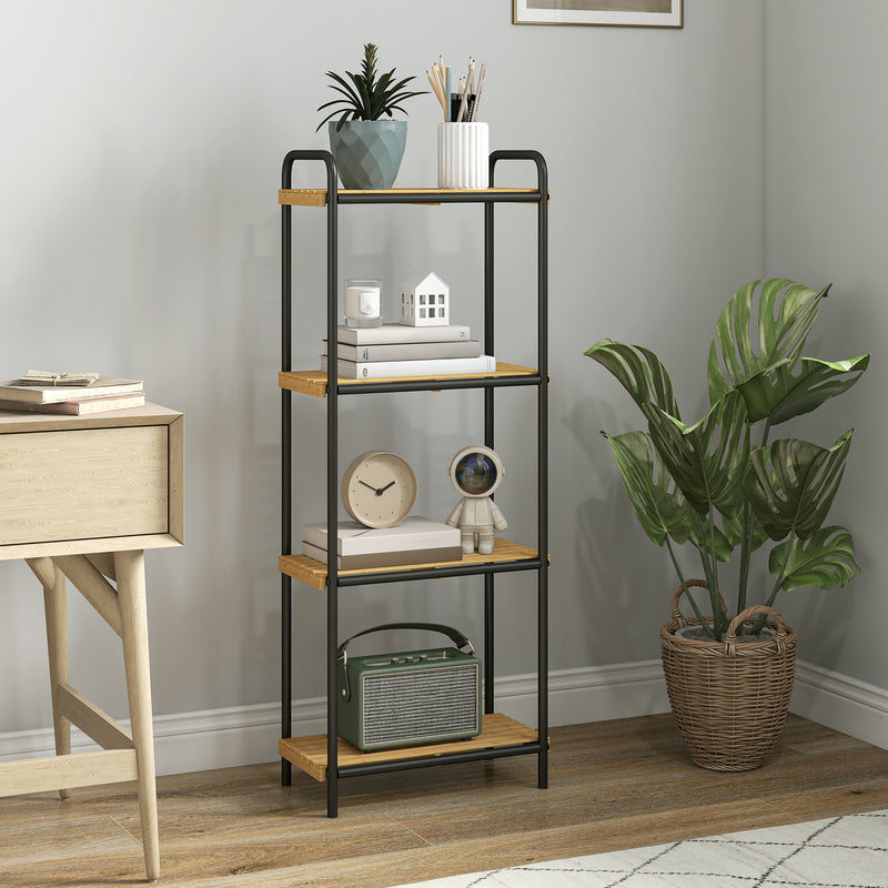 4 Tier Freestanding Bamboo Storage Shelf For Bathroom Or Kitchen With Slatted Design, Natural and Black