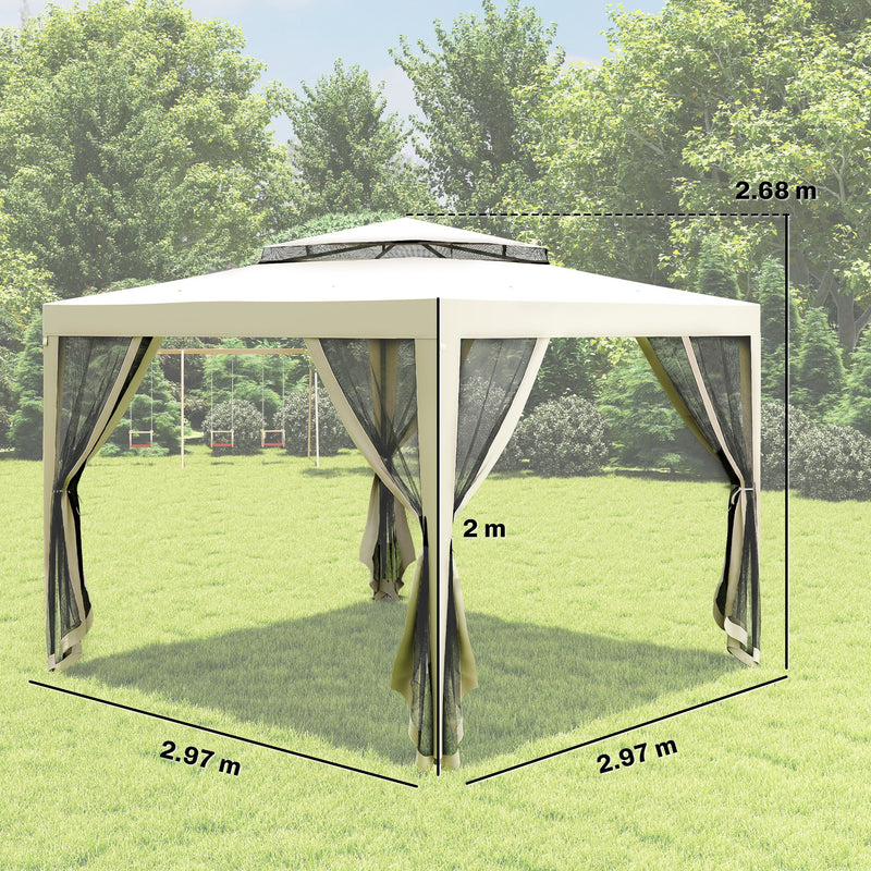 Outsunny 3x3m Gazebo, Netting Party Tent, Patio Canopy Outdoor Event Shelter with Double Tier Roof, Cream White Outsunny