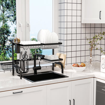 2 Tier Over Sink Dish Drying Rack Adjustable Space Saving Drainer for Kitchen, Black