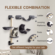 Four Piece Cat Wall Furniture Set with Hammock and Steps for Indoor Climbing Fun, Dark Grey