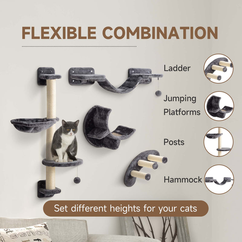 Four Piece Cat Wall Furniture Set with Hammock and Steps for Indoor Climbing Fun, Dark Grey