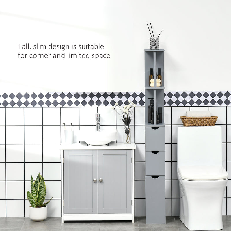 Tall Freestanding Bathroom Cabinet With Drawers And Open Shelves For Small Spaces Grey