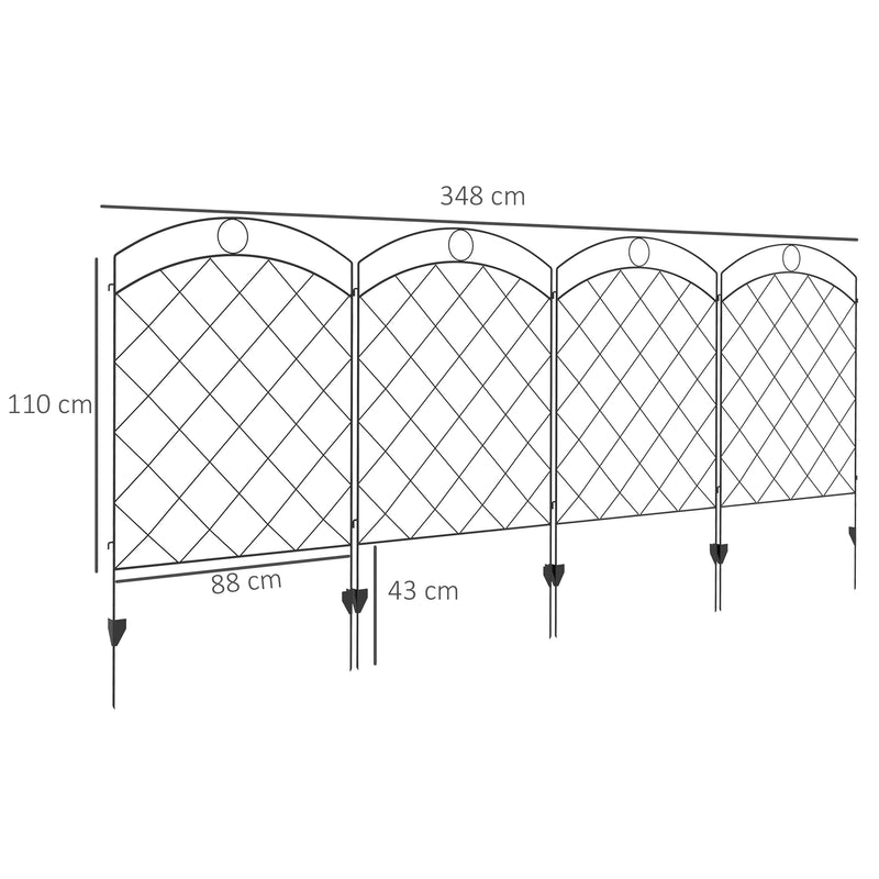 Black Decorative Steel Picket Fence Panels Set of 4 For Garden Borders and Pathways