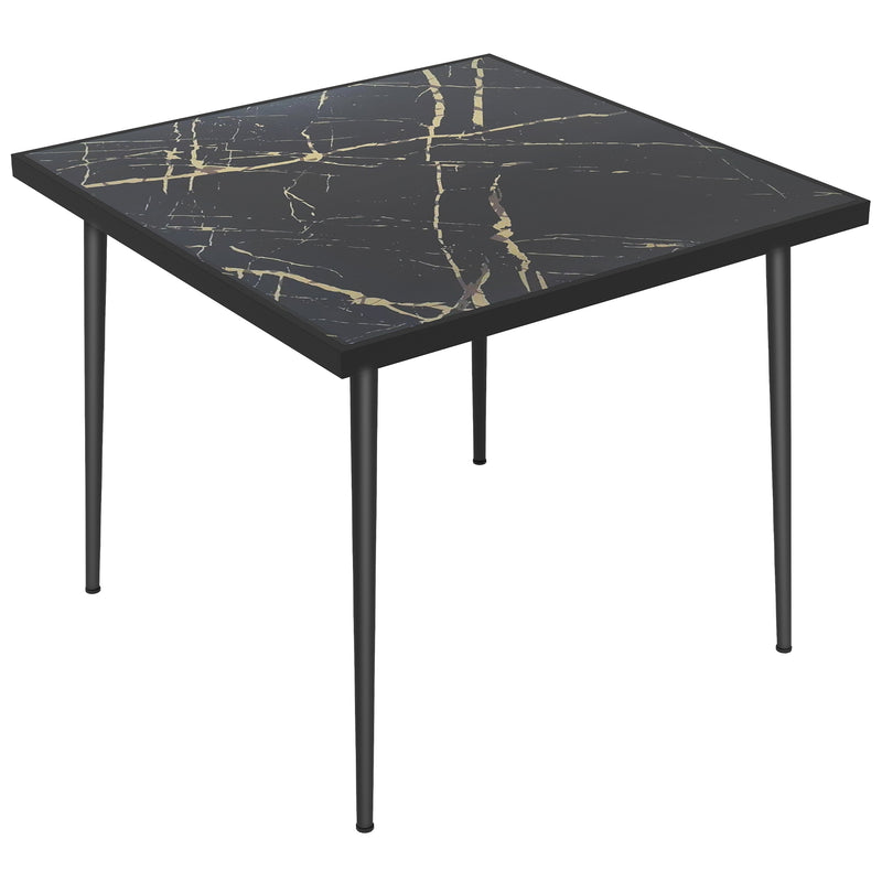 Black Square Garden Table for 4 with Marble Effect Glass Top and Steel Frame for Patio